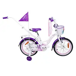 Rower Majdller Stella 16" w kolorze biało-fioletowym z koszykiem, chorągiewką i bocznymi kółkami.