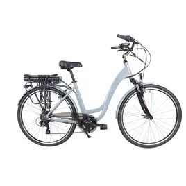 Majdller E-City E-bike 28 cali w kolorze szarym z niską ramą, tylnym bagażnikiem i baterią nad kołem