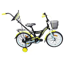 Rower Majdller Combo 16" w kolorze czarno-żółtym z koszykiem i bocznymi kółkami.
