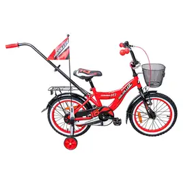 Rower Majdller Combo 16" w kolorze czerwono-czarnym z koszykiem i bocznymi kółkami.