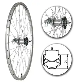 Koło tylne rowerowe 28 cali z hamulcem torpedo Velosteel, srebrna aluminiowa obręcz, 36 szprych, widok piasty i przekrój obręczy