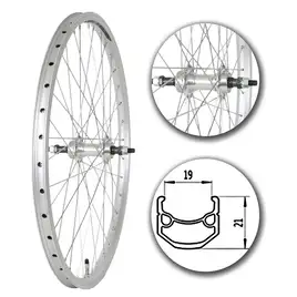 Koło tylne rowerowe 24 cale z srebrną aluminiową obręczą, 36 szprychami i piastą pod wolnobieg, widok ogólny