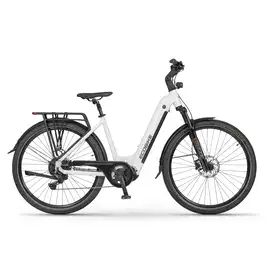 Ecobike LX 300 White z boku, trekkingowa sylwetka z bagażnikiem MIK i pełnym wyposażeniem miejskim