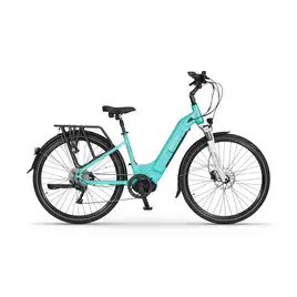 Ecobike D2 City Menthol w ujęciu bocznym z niską ramą, bagażnikiem i pełnym wyposażeniem miejskim